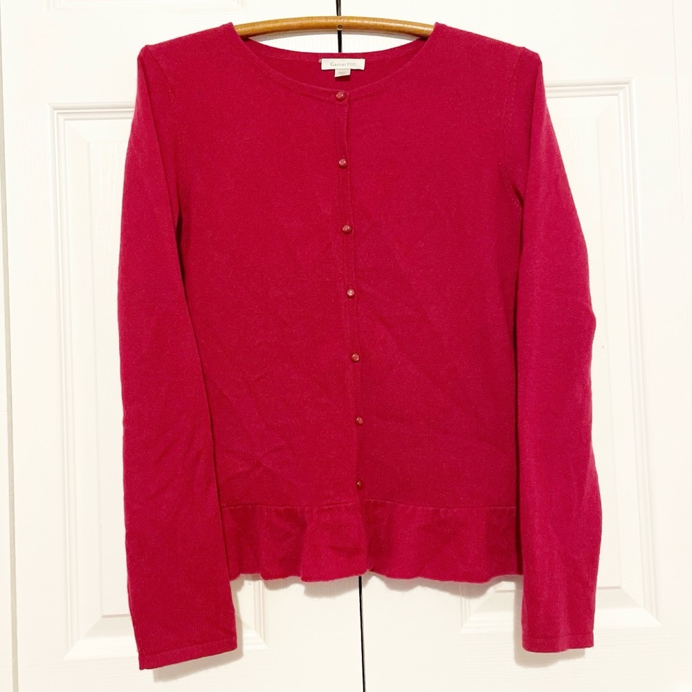 Garnet Hill 100% Cashmere Cardigan Sweater Size Medium Ruffle Hem Raspberry Red